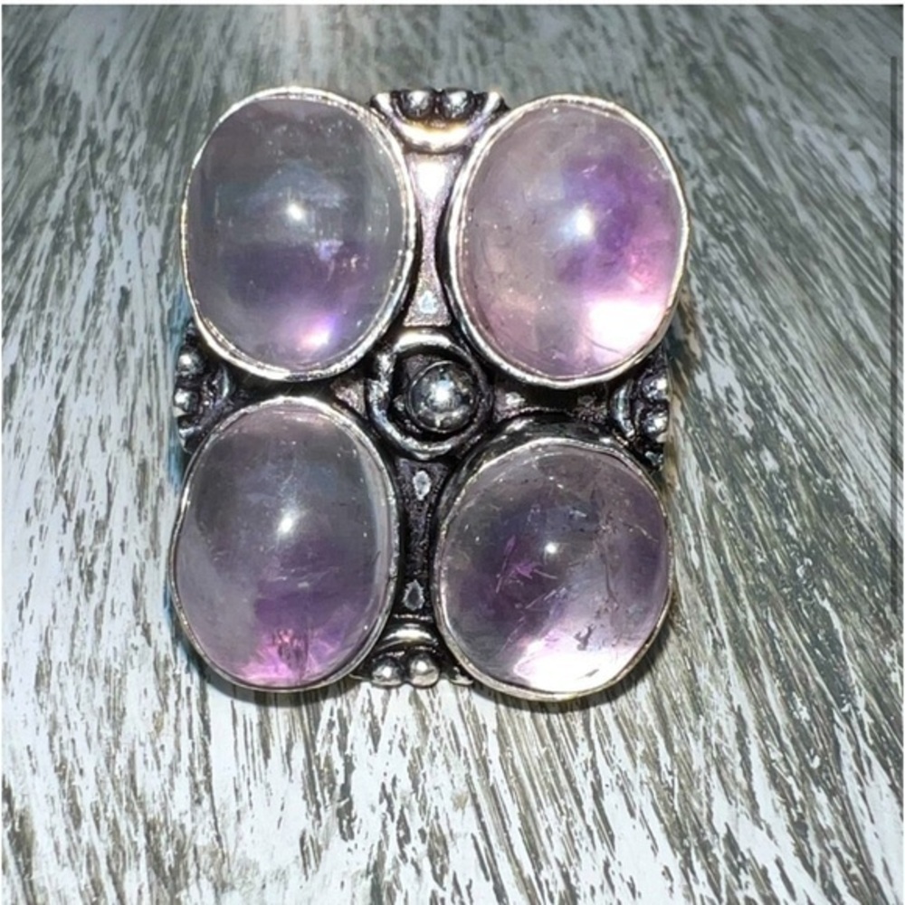 Genuine sage Amethyst Ring 8.5 4 oval stone 925 stamped
